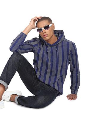 men dark blue hooded vertical striped cotton casual shirt