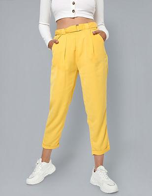 mustard mid rise solid pleated trousers