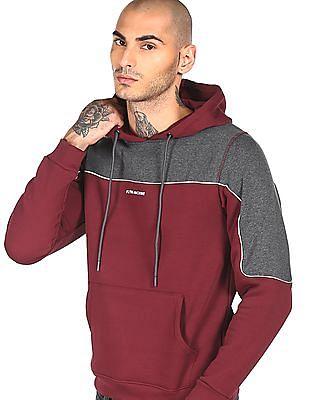 men maroon and grey colour block hooded sweatshirt