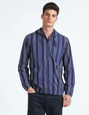 hooded vertical striped cotton shirt