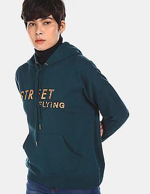 women teal cotton brand print hooded sweatshirt