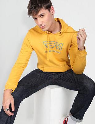 men mustard hooded printed logo cotton sweatshirt