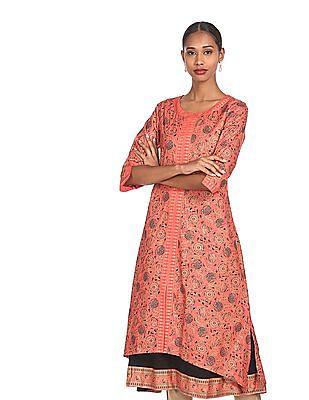 women pink scoop neck asymmetric hem print kurta