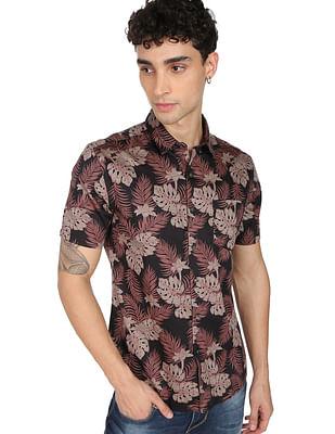 men black short sleeve floral print cotton casual shirt