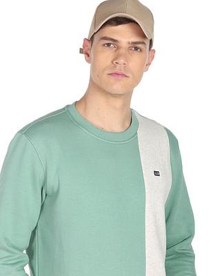 men teal crew neck color block sweatshirt