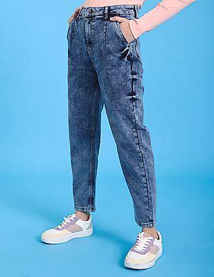 blue high rise acid wash mom fit cropped jeans