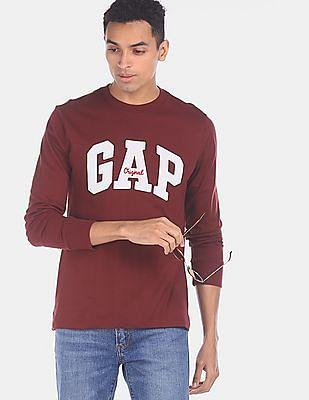 men wine long sleeve embroidered brand logo t-shirt