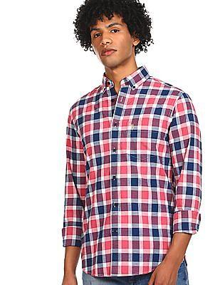 men pink and blue check cotton casual shirt