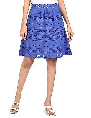 women blue mid rise schiffli embroidered a-line skirt