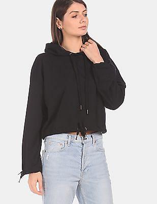 women black drawstring hood drop shoulder sweatshirt