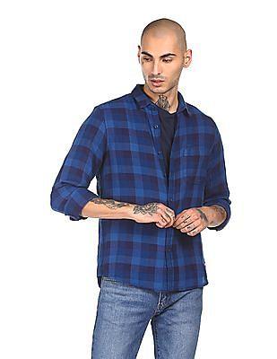 men blue button-down collar check casual shirt