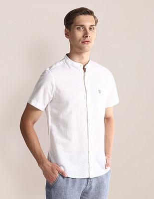 mandarin collar linen blend shirt