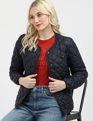 down quilted collarless jacket