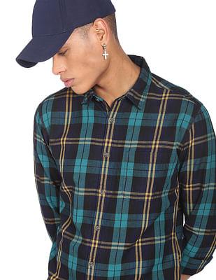 men teal twill tartan check cotton casual shirt