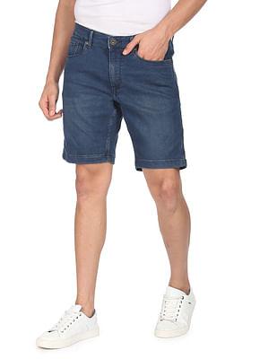 mid rise stone wash denim shorts