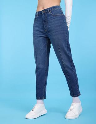 blue high rise stone wash mom fit jeans