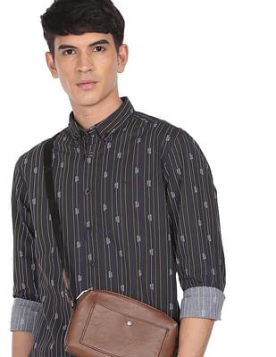 men black button-down collar striped casual shirt