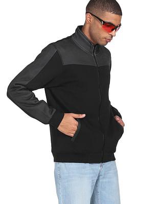 men black high neck zip up panelled solid sweatshirt