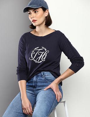 women navy pop over crest sweater