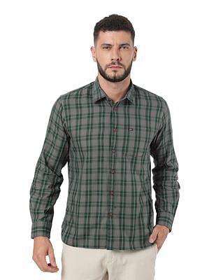 men grey slim fit check casual shirt