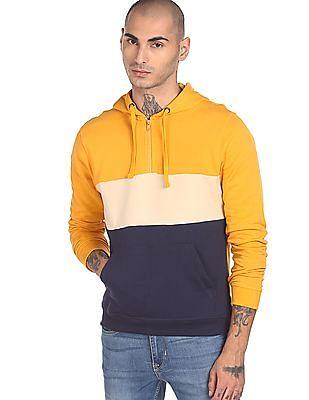 men gold and navy long sleeve colour block hood sweatshirt