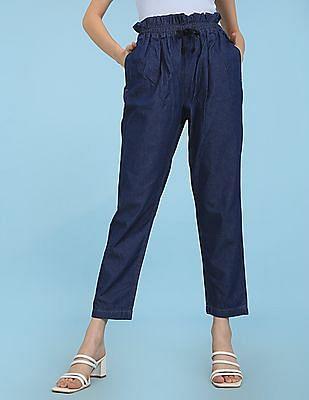 blue high rise paper bag waist pleated jeans