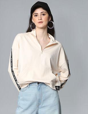 beige high neck solid sweatshirt