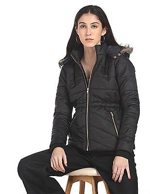 black high neck solid fur hood jacket