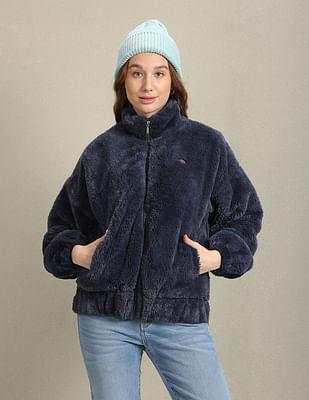 high neck faux fur jacket