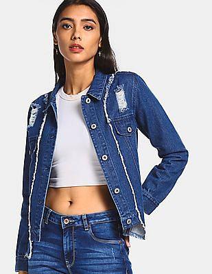 women blue distressed denim jacket