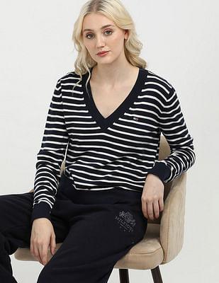 essential v neck horizontal stripes sweater