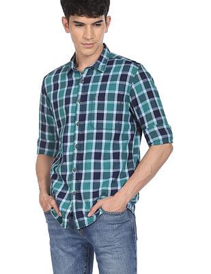 men green twill weave plaid check casual shirt