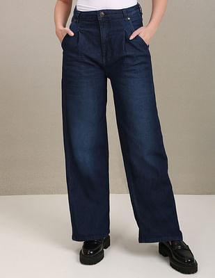 high rise pleated wide leg jeans