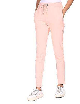 women pink solid drawstring waist track pants