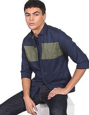 men navy cotton panelled colour block casual shirt