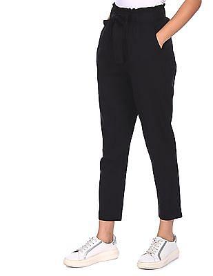 women black mid rise drawstring waist trousers