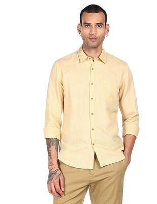 men beige spread collar long sleeves solid shirt