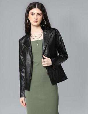 women black stand collar solid biker jacket