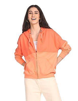 women orange long sleeve solid hooded sweatshirt