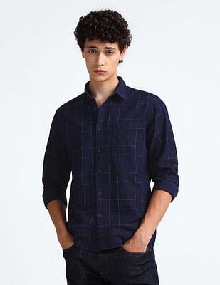 plaid check slim fit chambray shirt