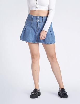 pleated denim mini skirt