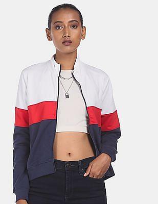 white and navy high neck colour block sweatshirt