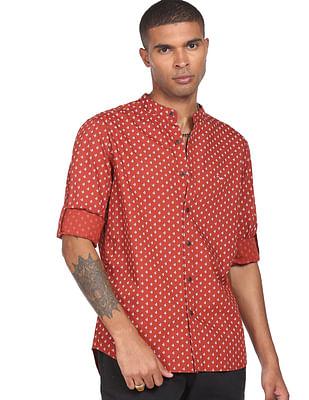 men rust mandarin collar floral print casual shirt