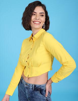 yellow spread collar solid crop shirt