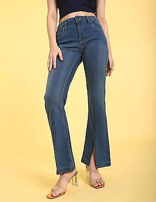 blue mid rise rinsed split hem flared jeans