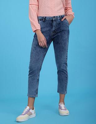 blue high rise acid wash slim fit jeans