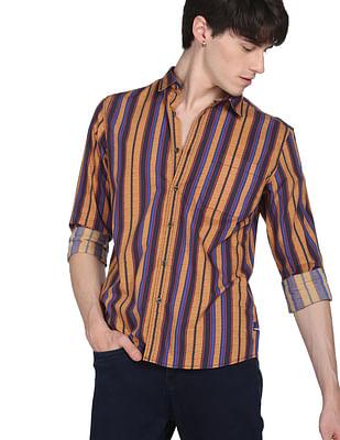 men mustard and blue vertical stripe cotton casual shirt