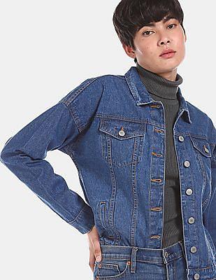 women blue spread collar stone wash denim jacket