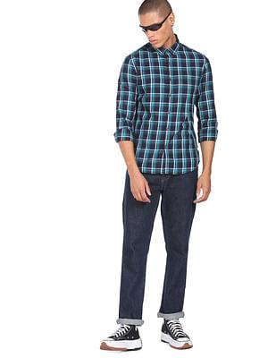 men navy plaid check cotton casual shirt