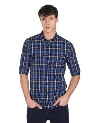 men navy spread collar tartan check twill shirt